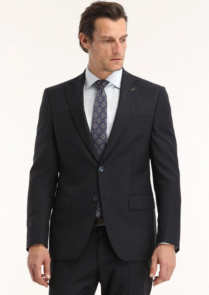 Lacivert Çizgili Modern Fit %100 Yün Takım Elbise - 2