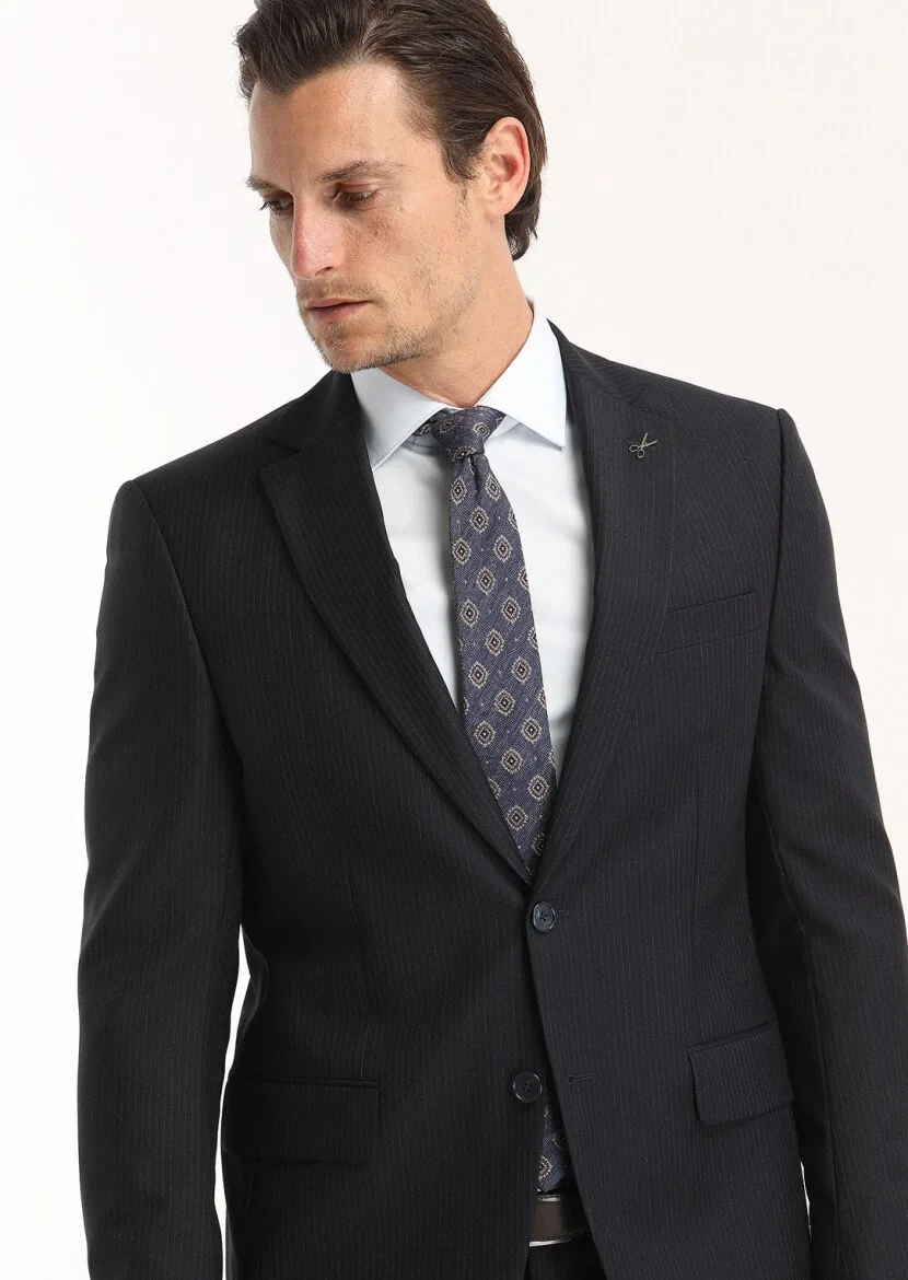 Lacivert Çizgili Modern Fit %100 Yün Takım Elbise - 3