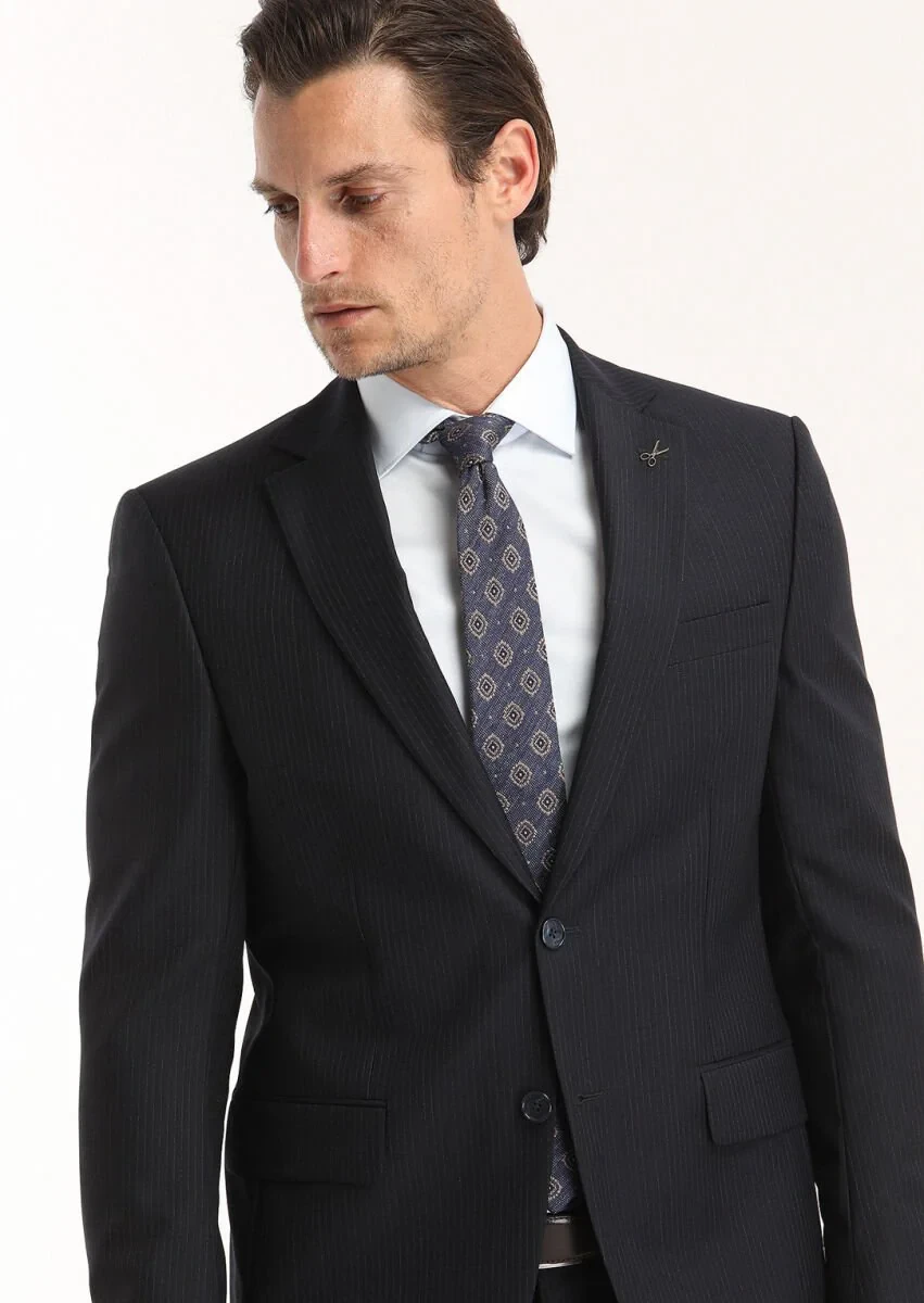 Lacivert Çizgili Modern Fit %100 Yün Takım Elbise - 3