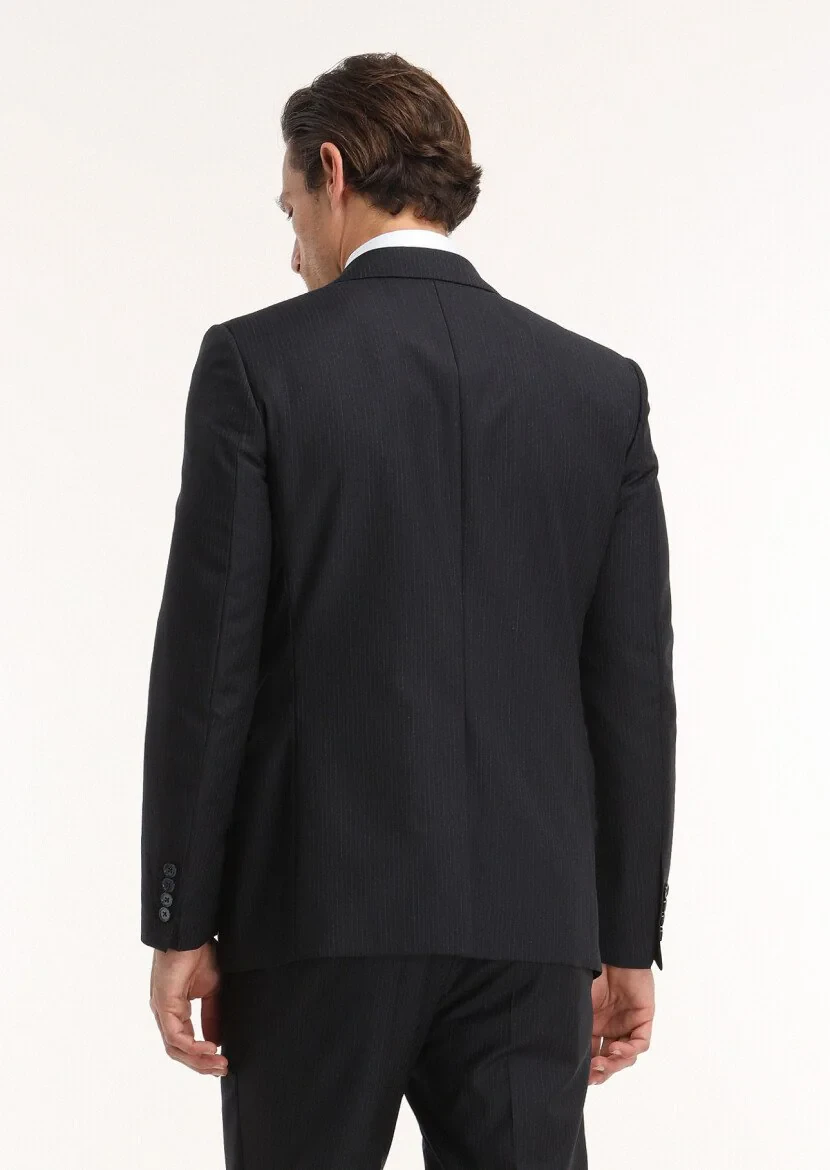 Lacivert Çizgili Modern Fit %100 Yün Takım Elbise - 4