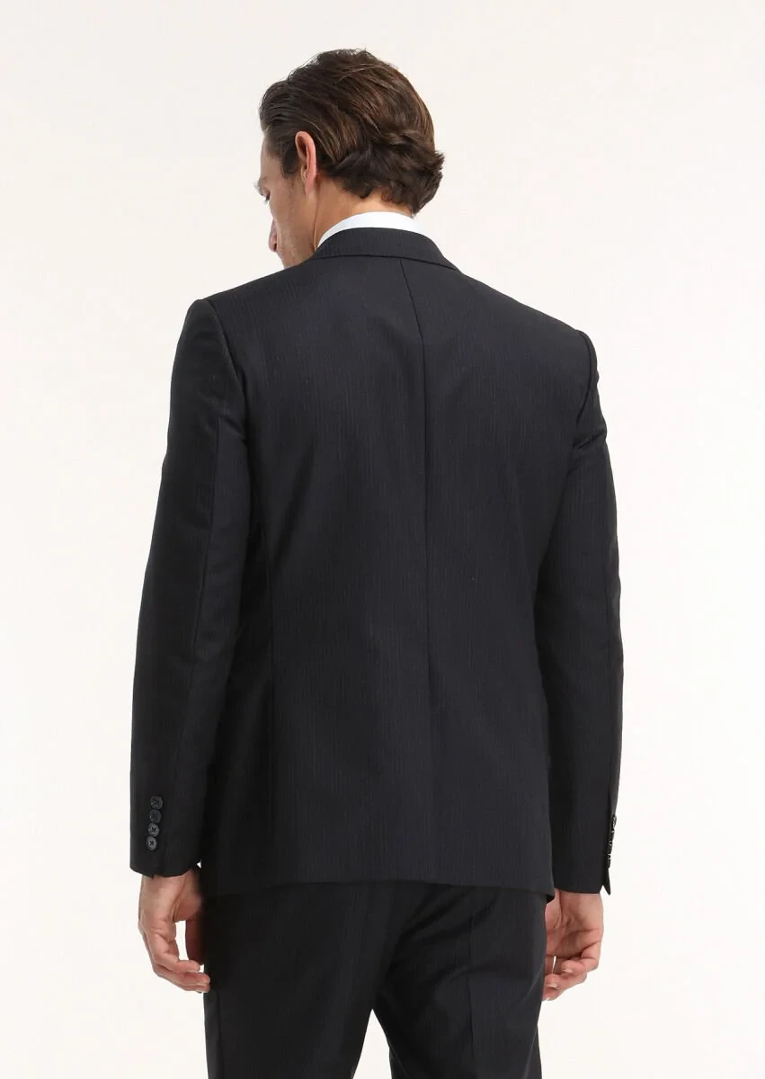 Lacivert Çizgili Modern Fit %100 Yün Takım Elbise - 4