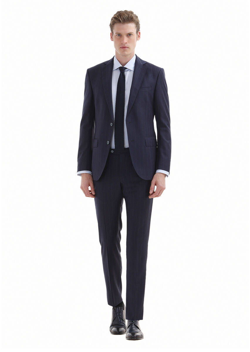 Lacivert Çizgili Modern Fit %100 Yün Takım Elbise - 1