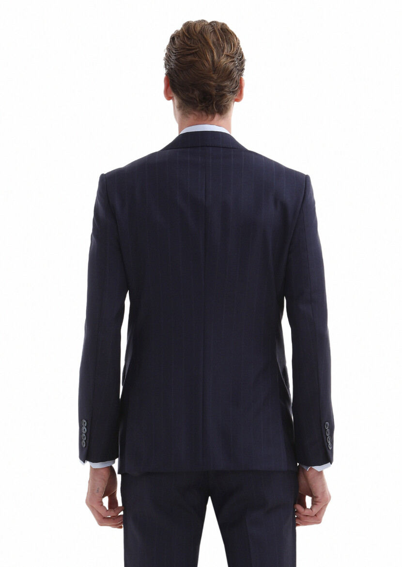 Lacivert Çizgili Modern Fit %100 Yün Takım Elbise - 4
