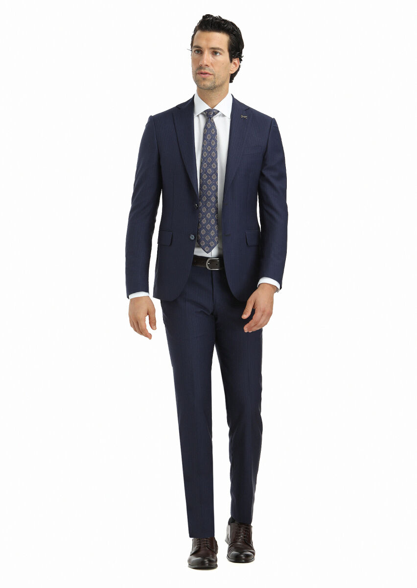 Lacivert Çizgili Modern Fit %100 Yün Takım Elbise - 1