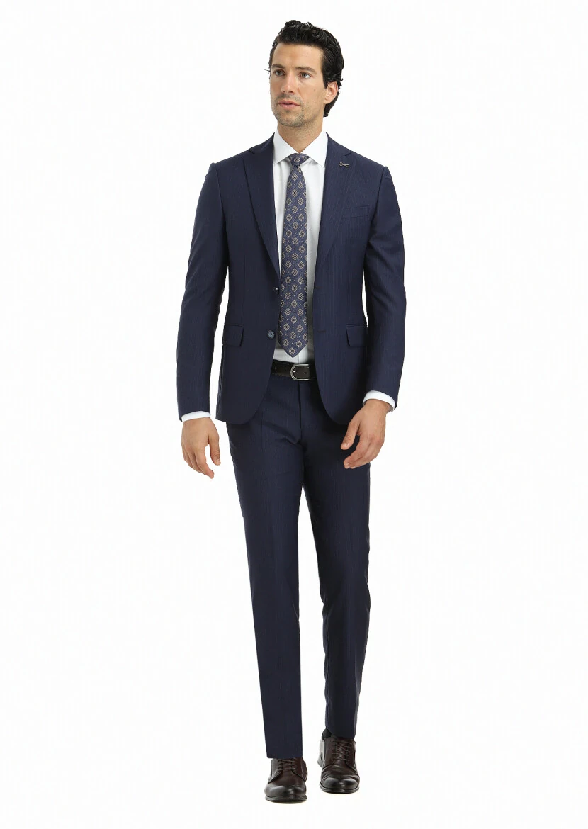 Lacivert Çizgili Modern Fit %100 Yün Takım Elbise - 1