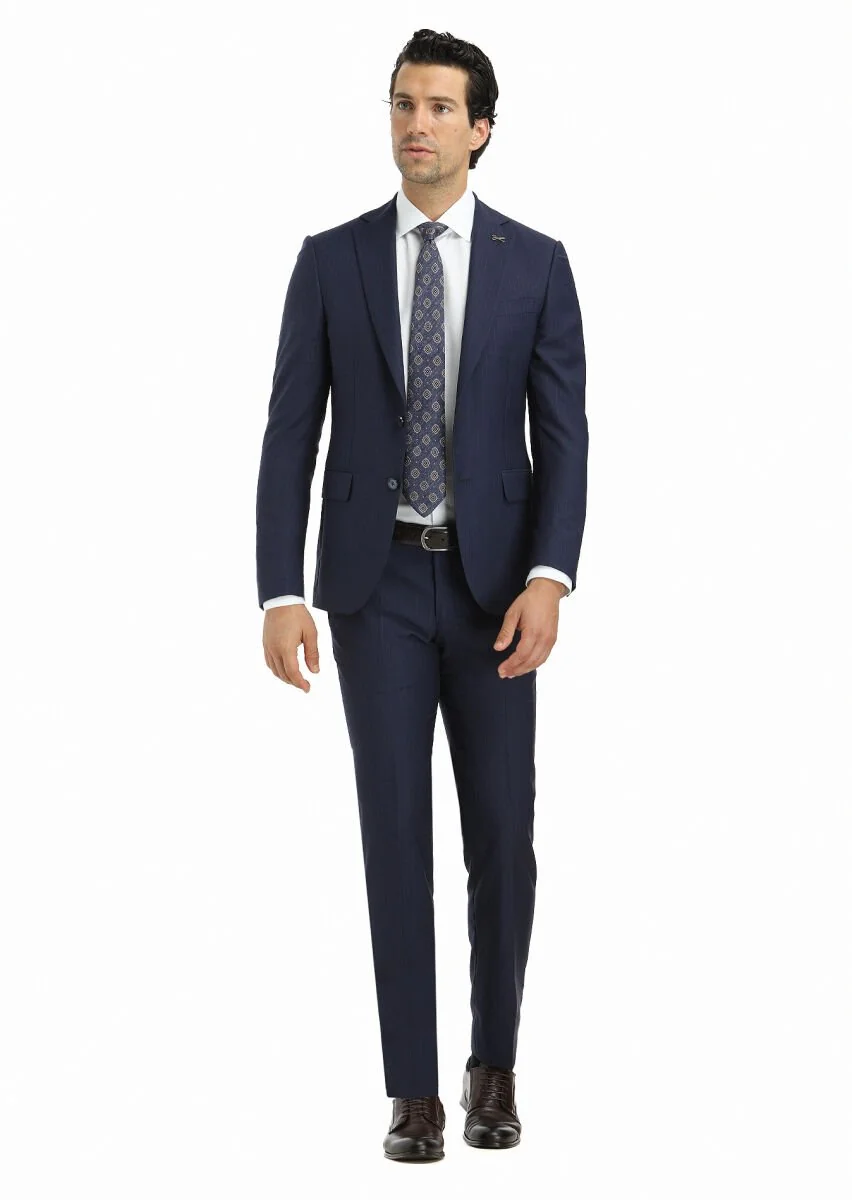Lacivert Çizgili Modern Fit %100 Yün Takım Elbise - 1