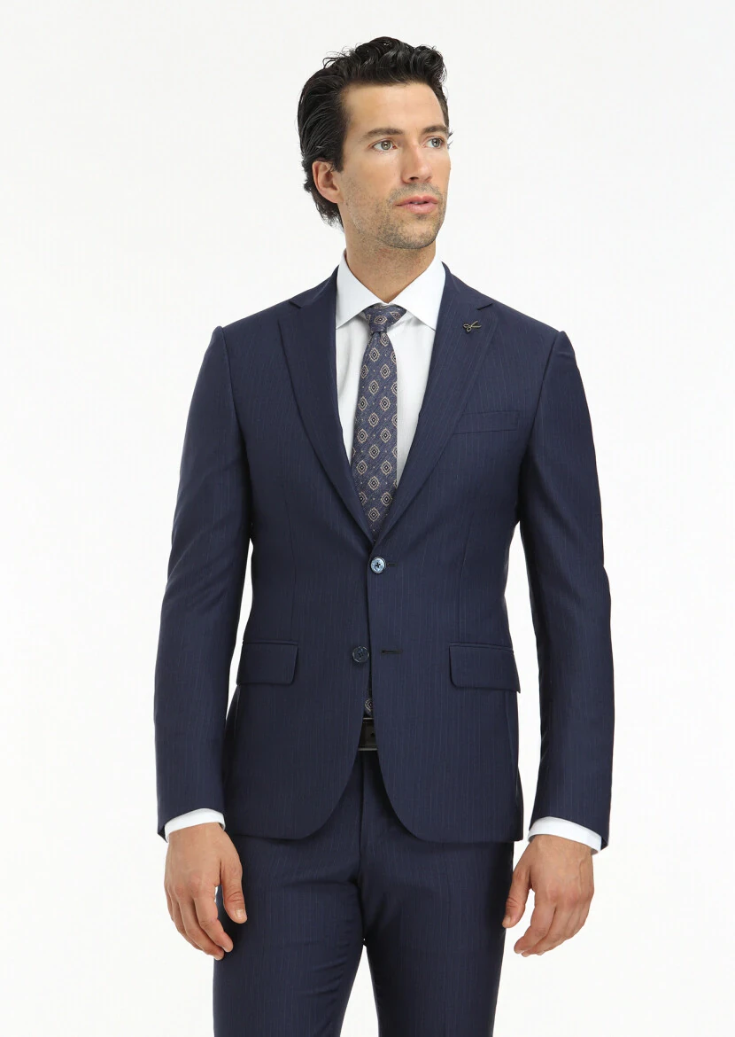 Lacivert Çizgili Modern Fit %100 Yün Takım Elbise - 2