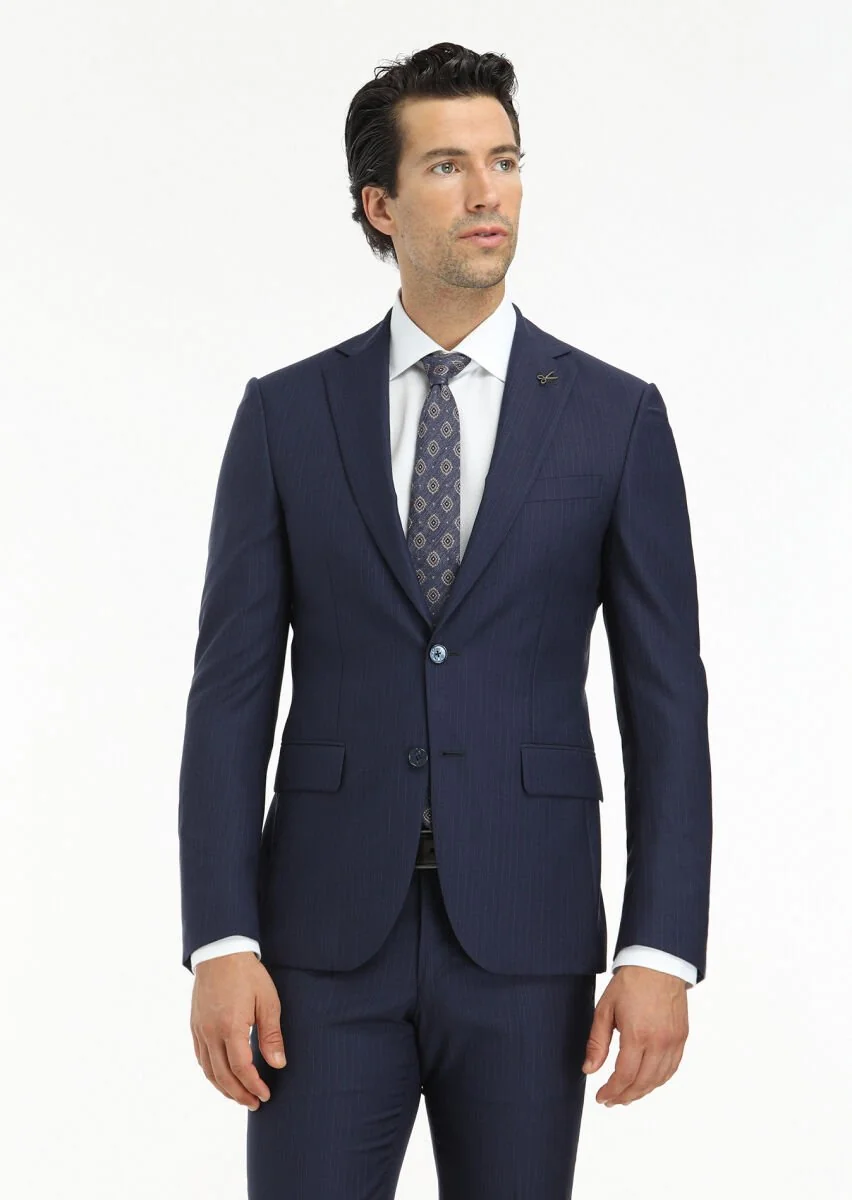 Lacivert Çizgili Modern Fit %100 Yün Takım Elbise - 2