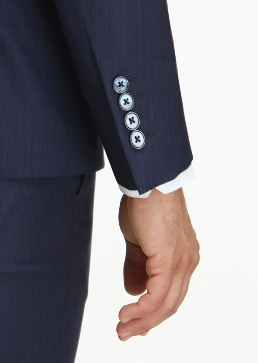 Lacivert Çizgili Modern Fit %100 Yün Takım Elbise - 5