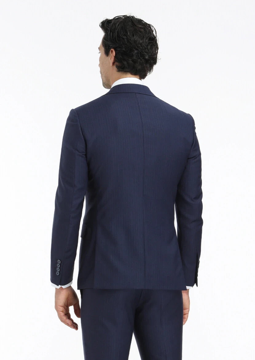 Lacivert Çizgili Modern Fit %100 Yün Takım Elbise - 6