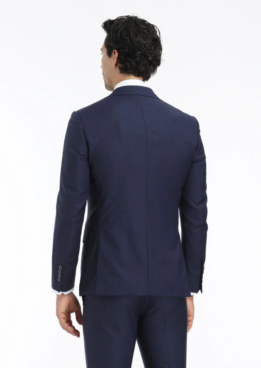 Lacivert Çizgili Modern Fit %100 Yün Takım Elbise - 6