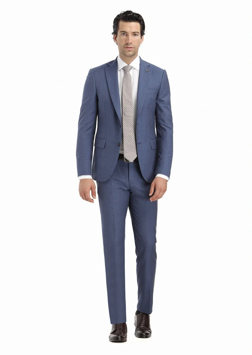 Lacivert Çizgili Modern Fit %100 Yün Takım Elbise - 1