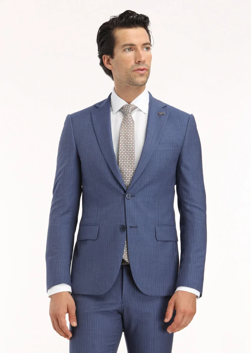 Lacivert Çizgili Modern Fit %100 Yün Takım Elbise - 2