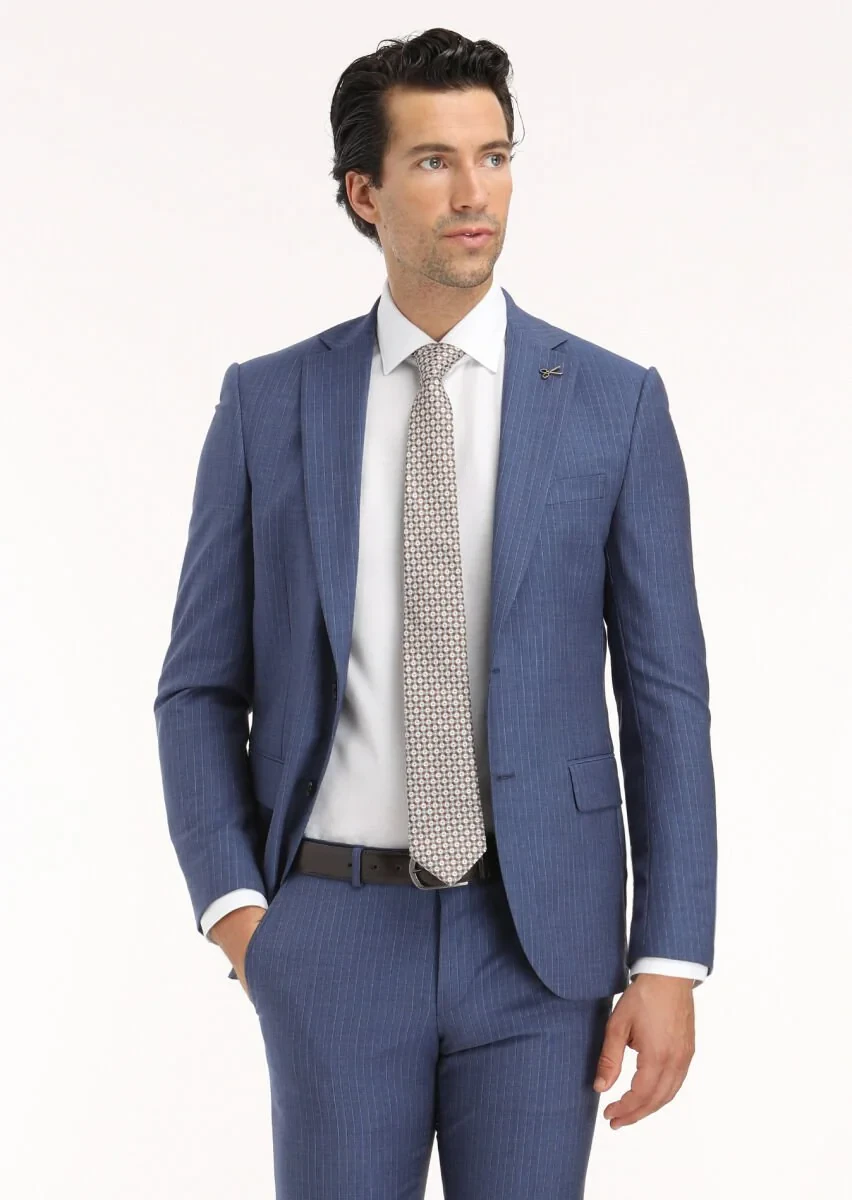 Lacivert Çizgili Modern Fit %100 Yün Takım Elbise - 3