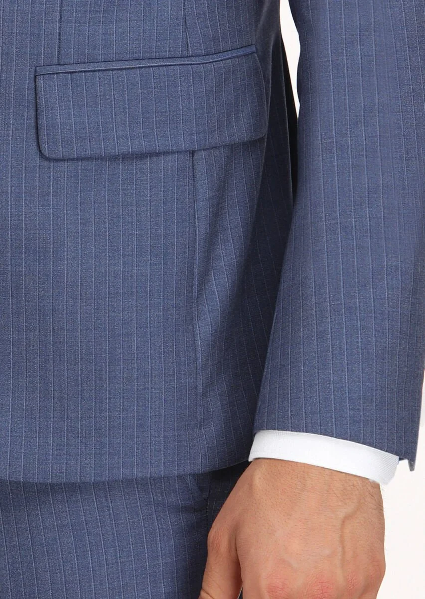 Lacivert Çizgili Modern Fit %100 Yün Takım Elbise - 5