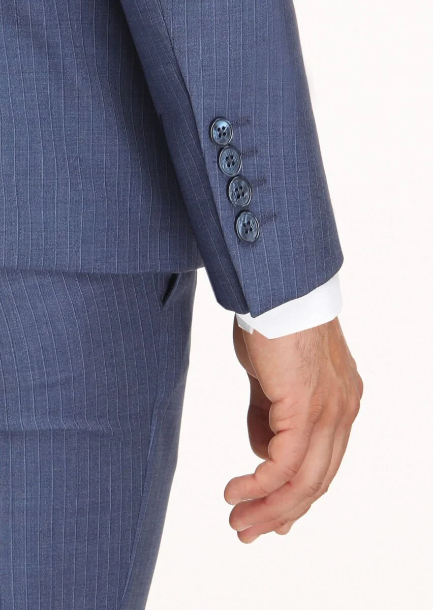 Lacivert Çizgili Modern Fit %100 Yün Takım Elbise - 6