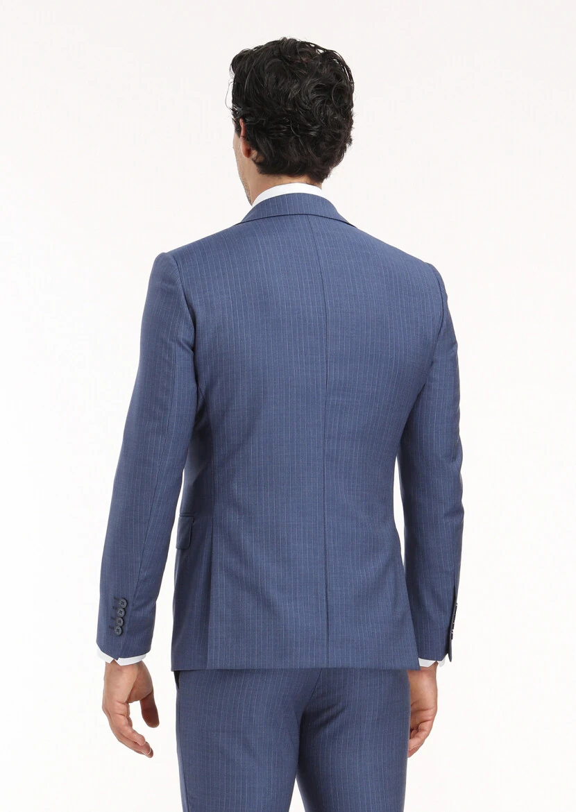 Lacivert Çizgili Modern Fit %100 Yün Takım Elbise - 7