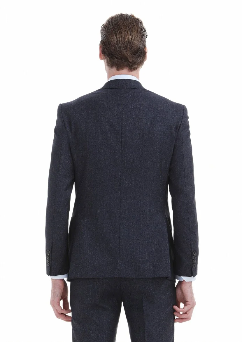 Lacivert Çizgili Modern Fit %100 Yün Takım Elbise - 6