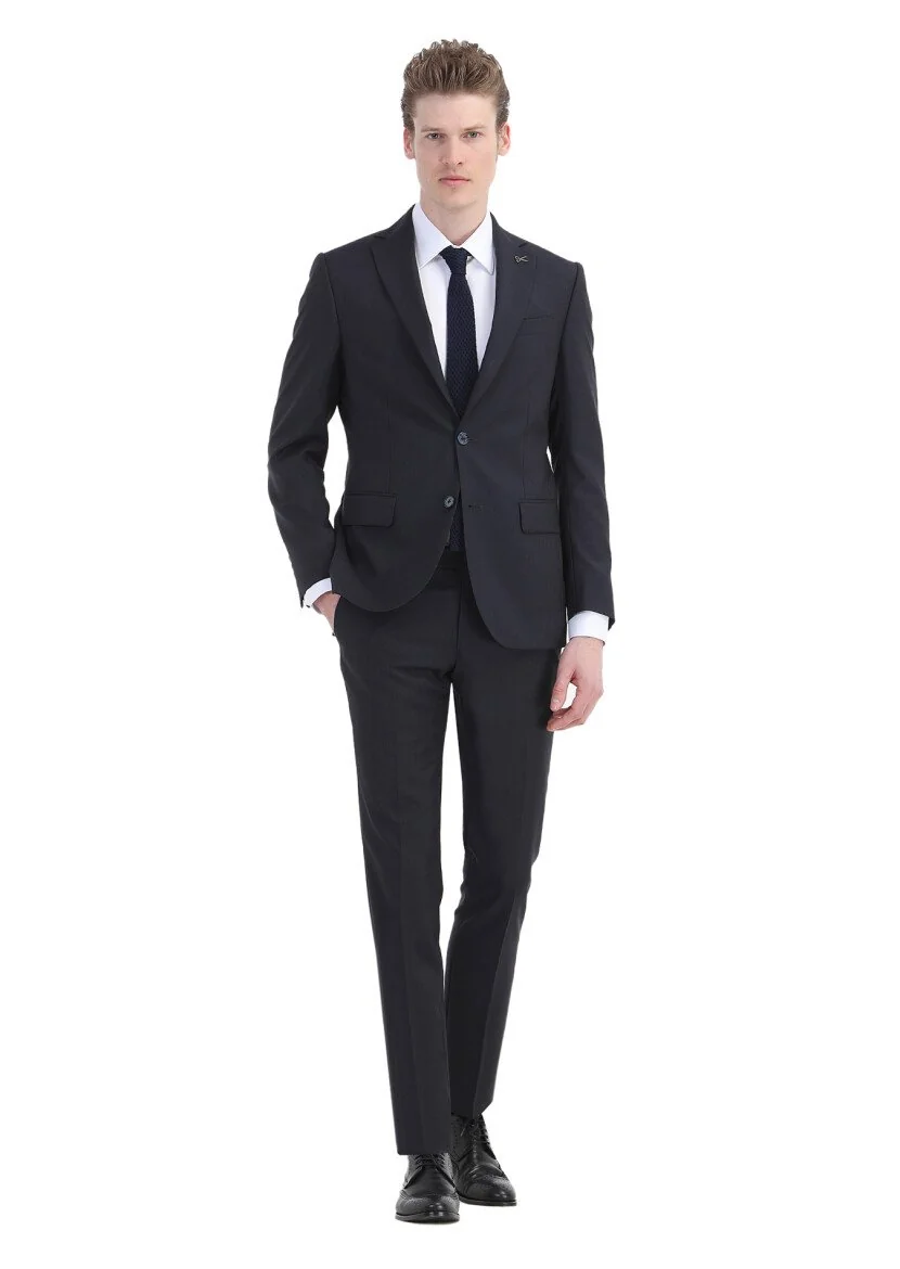 Lacivert Çizgili Modern Fit %100 Yün Takım Elbise - 1