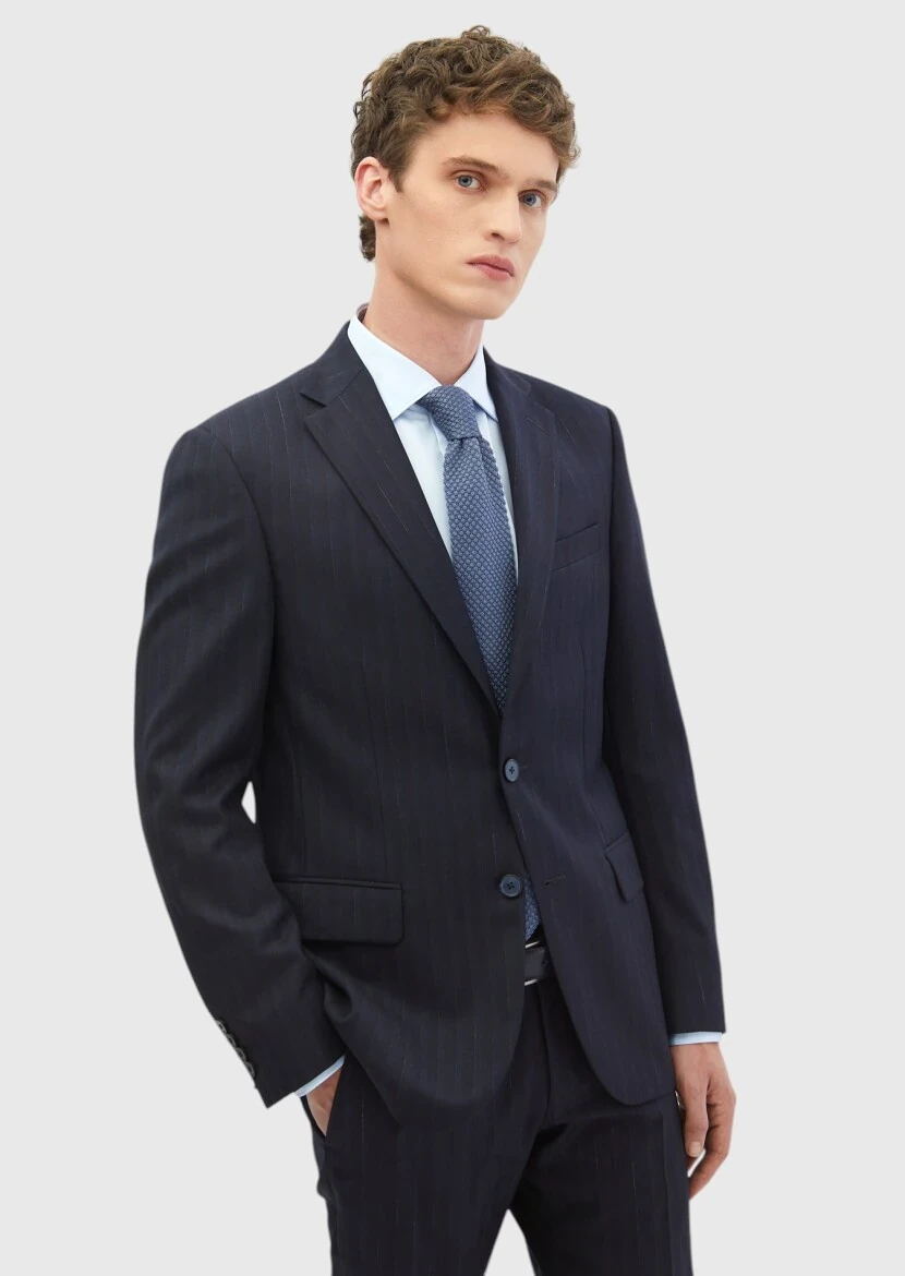 Lacivert Çizgili Modern Fit %100 Yün Takım Elbise - 1
