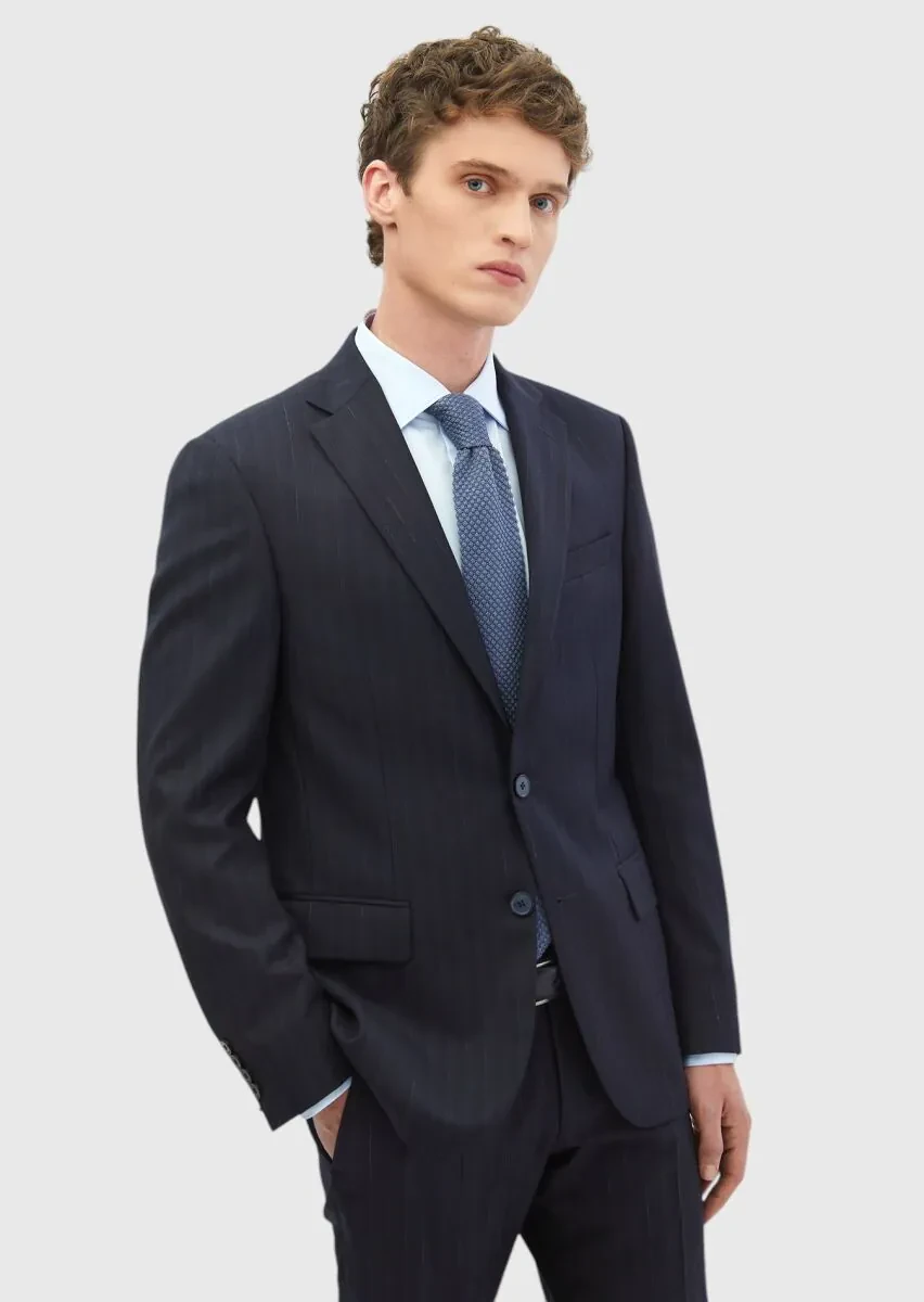 Lacivert Çizgili Modern Fit %100 Yün Takım Elbise - 1