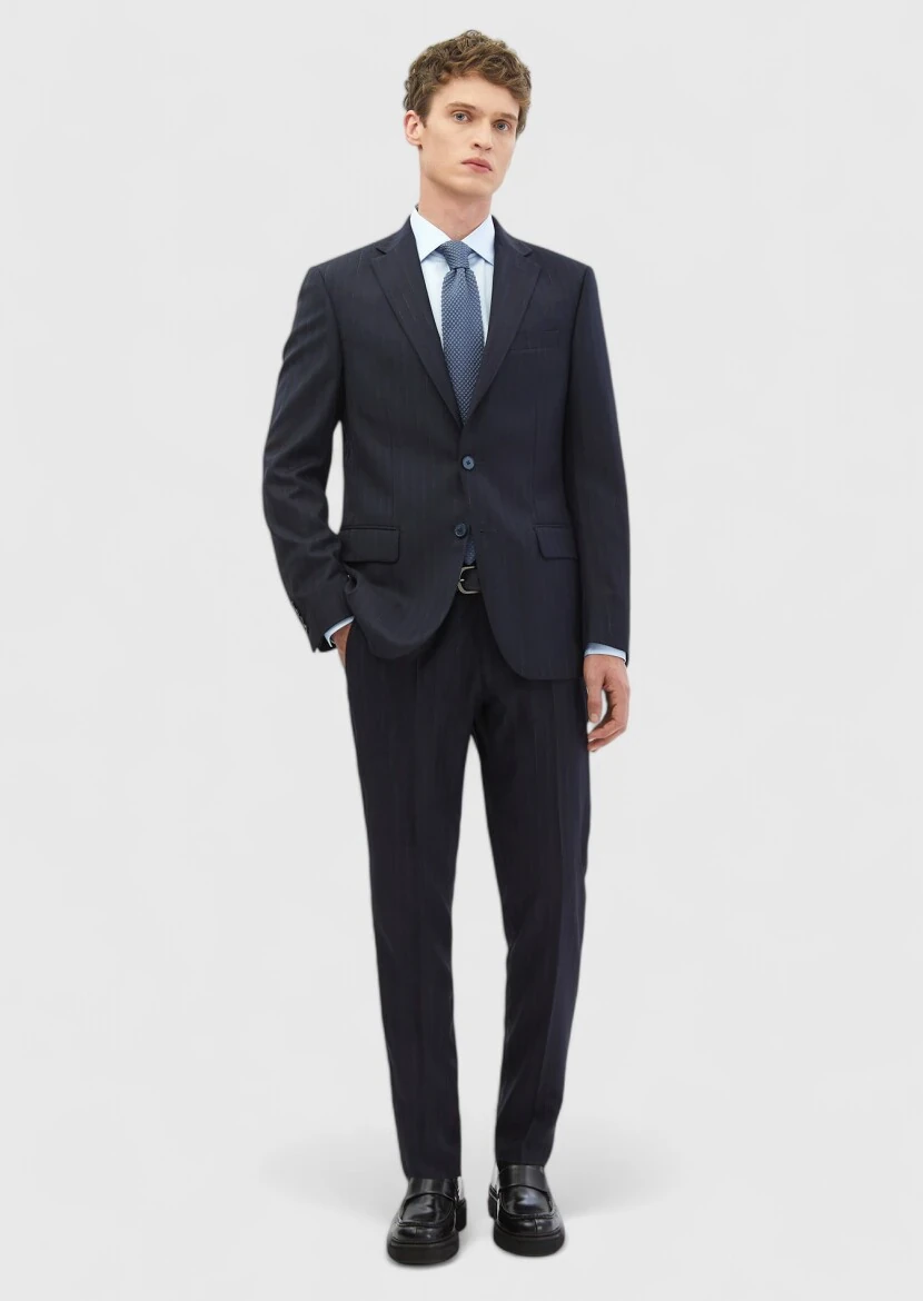 Lacivert Çizgili Modern Fit %100 Yün Takım Elbise - 2