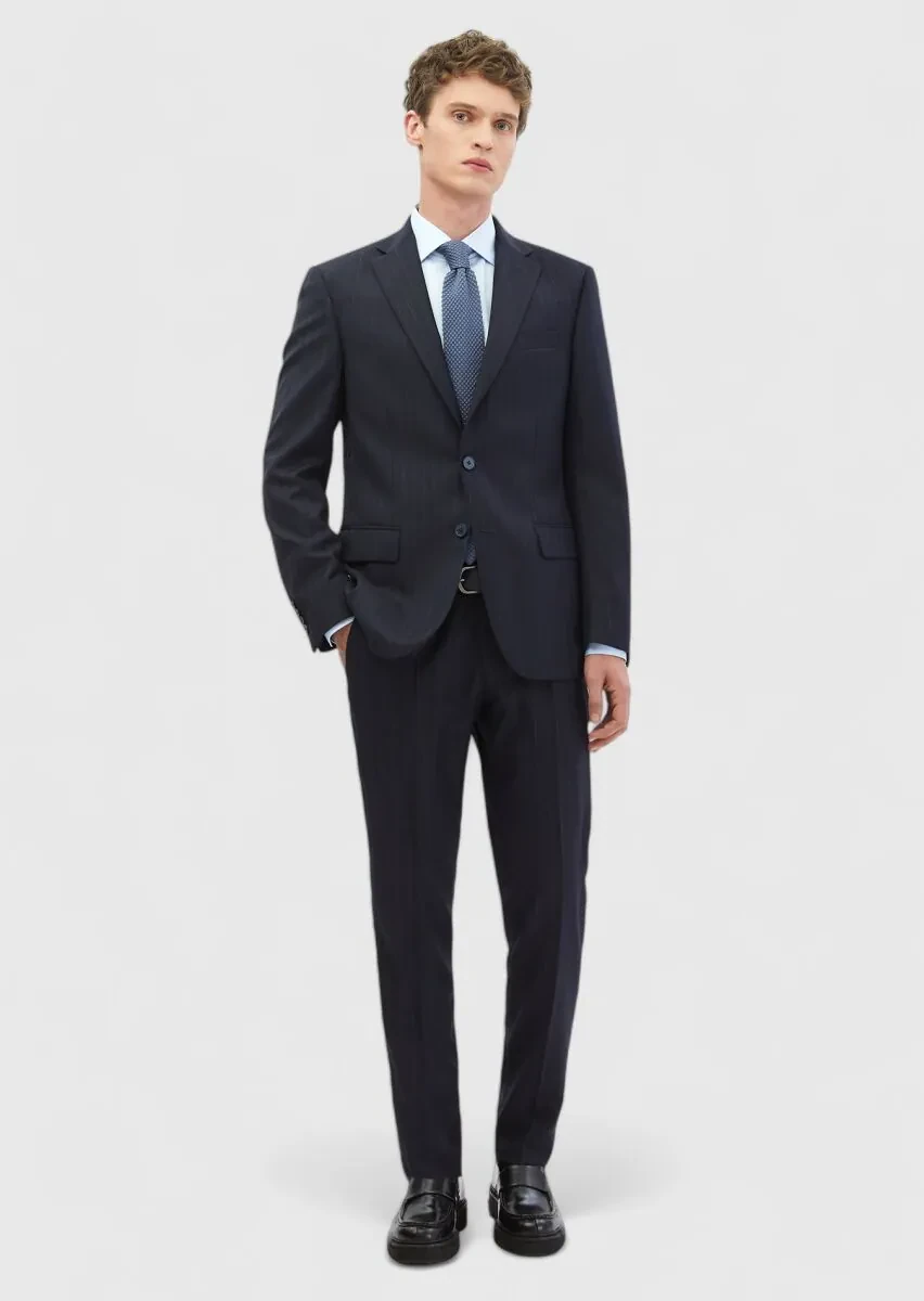 Lacivert Çizgili Modern Fit %100 Yün Takım Elbise - 2