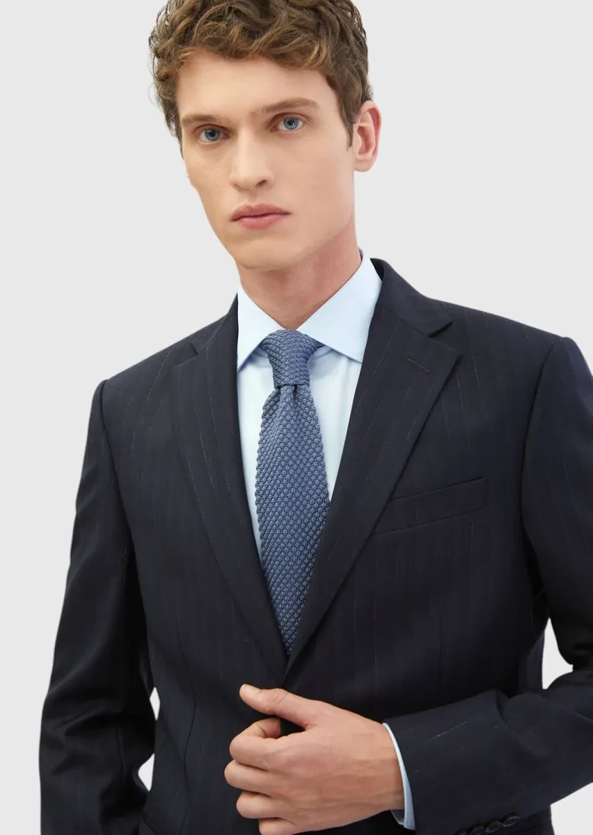 Lacivert Çizgili Modern Fit %100 Yün Takım Elbise - 3
