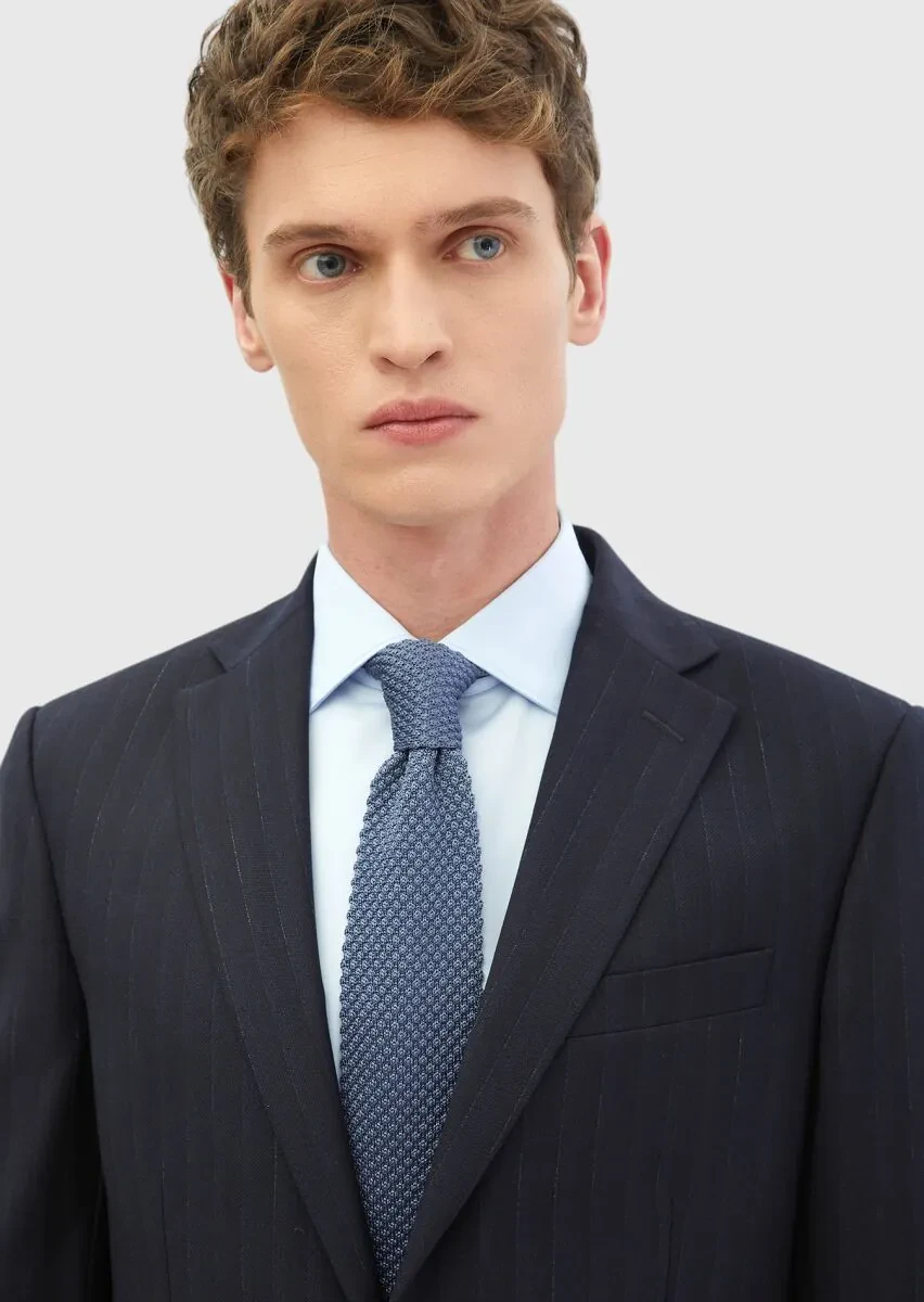 Lacivert Çizgili Modern Fit %100 Yün Takım Elbise - 4
