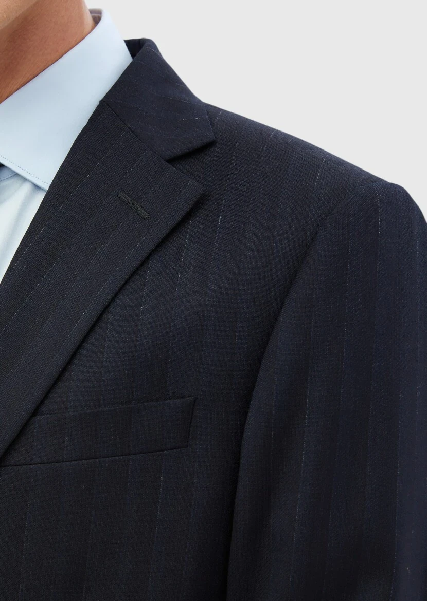 Lacivert Çizgili Modern Fit %100 Yün Takım Elbise - 5