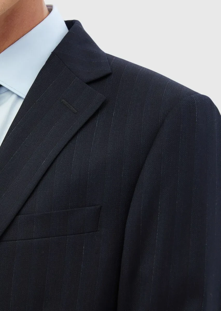 Lacivert Çizgili Modern Fit %100 Yün Takım Elbise - 5