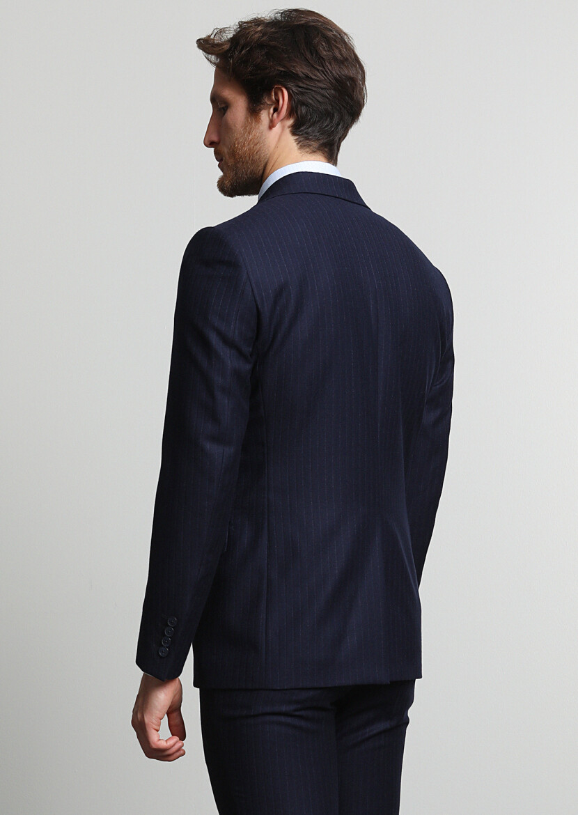 Lacivert Çizgili Modern Fit Yün Karışımlı Takım Elbise - 3