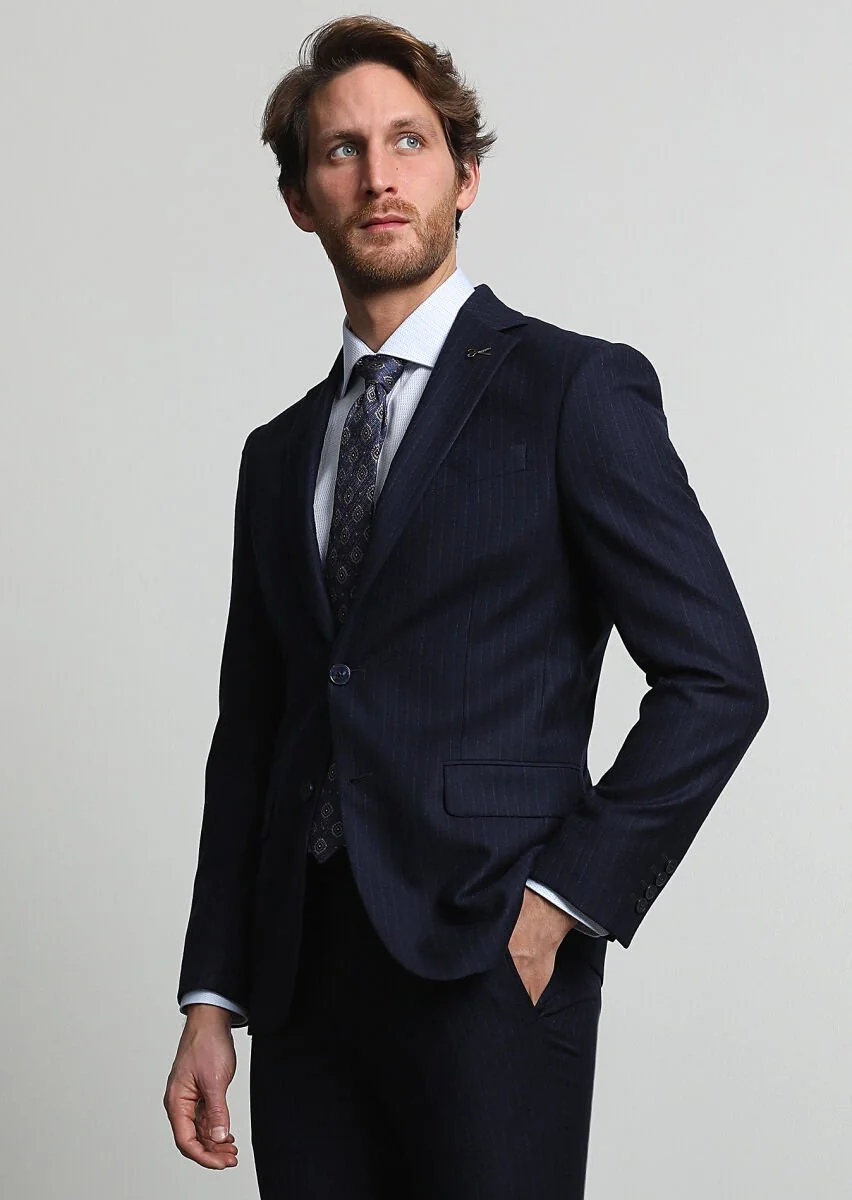 Lacivert Çizgili Modern Fit Yün Karışımlı Takım Elbise - 1