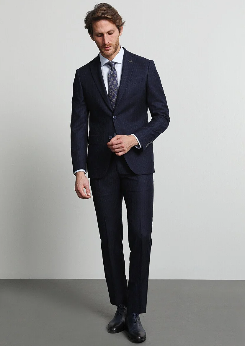 Lacivert Çizgili Modern Fit Yün Karışımlı Takım Elbise - 3