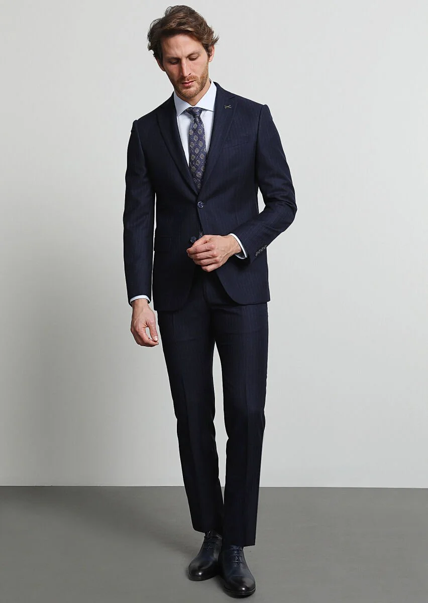 Lacivert Çizgili Modern Fit Yün Karışımlı Takım Elbise - 3