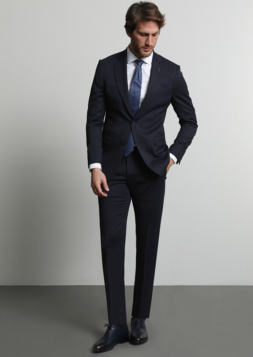 Lacivert Çizgili Modern Fit Yün Karışımlı Takım Elbise - 1