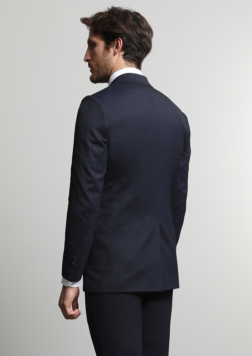 Lacivert Çizgili Modern Fit Yün Karışımlı Takım Elbise - 3