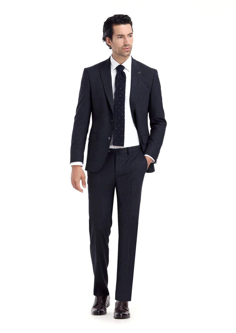 Lacivert Çizgili Modern Fit Yün Karışımlı Takım Elbise - 1