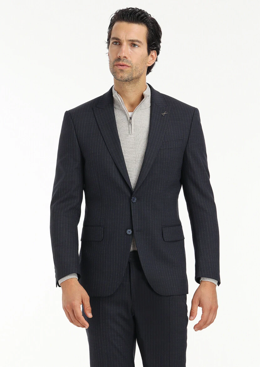 Lacivert Çizgili Modern Fit Yün Karışımlı Takım Elbise - 4