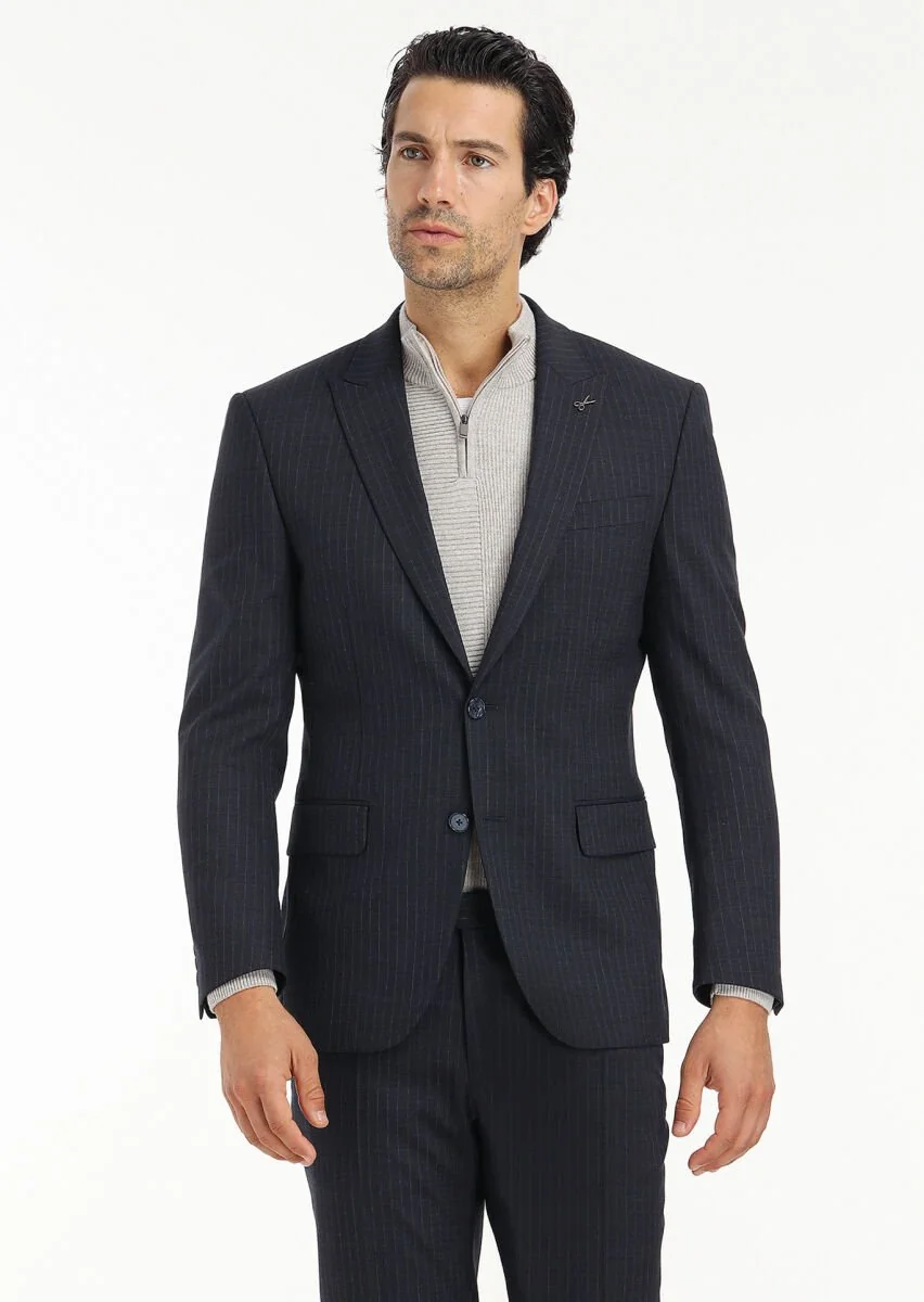 Lacivert Çizgili Modern Fit Yün Karışımlı Takım Elbise - 4