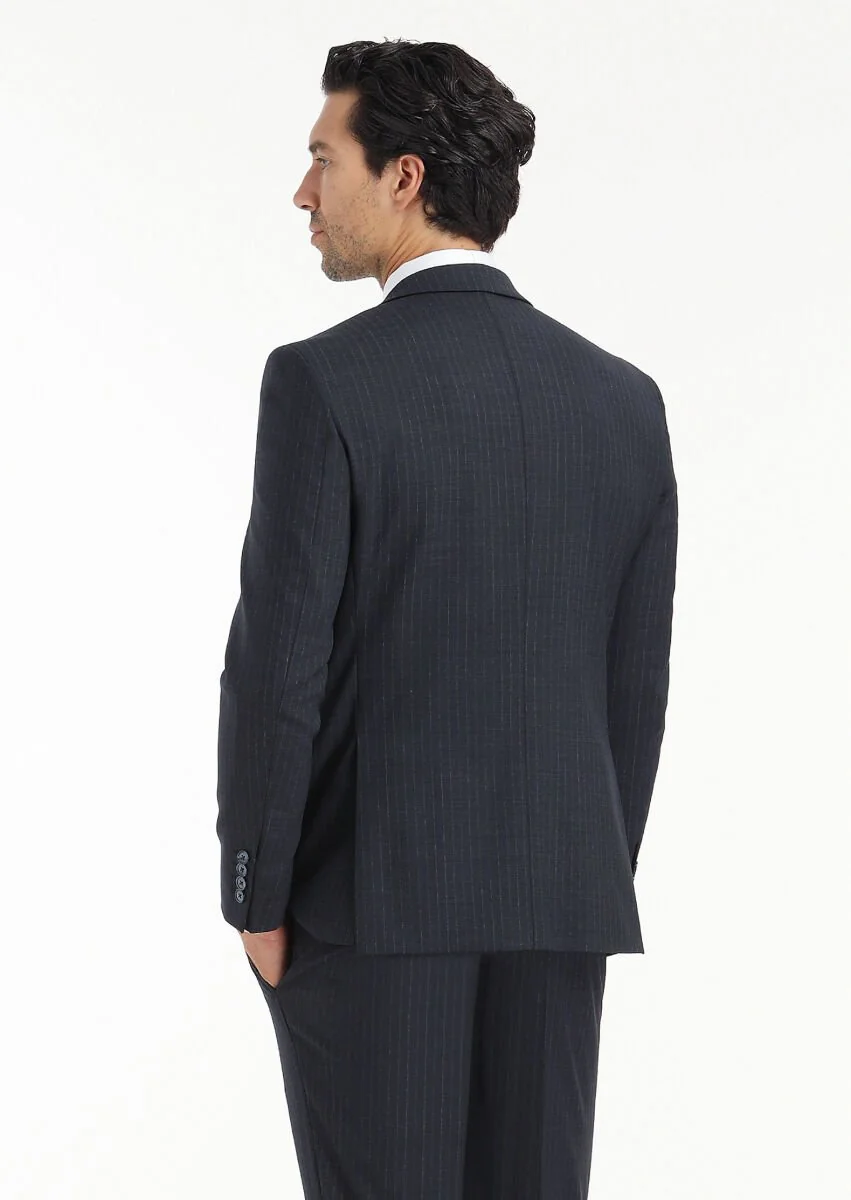 Lacivert Çizgili Modern Fit Yün Karışımlı Takım Elbise - 7