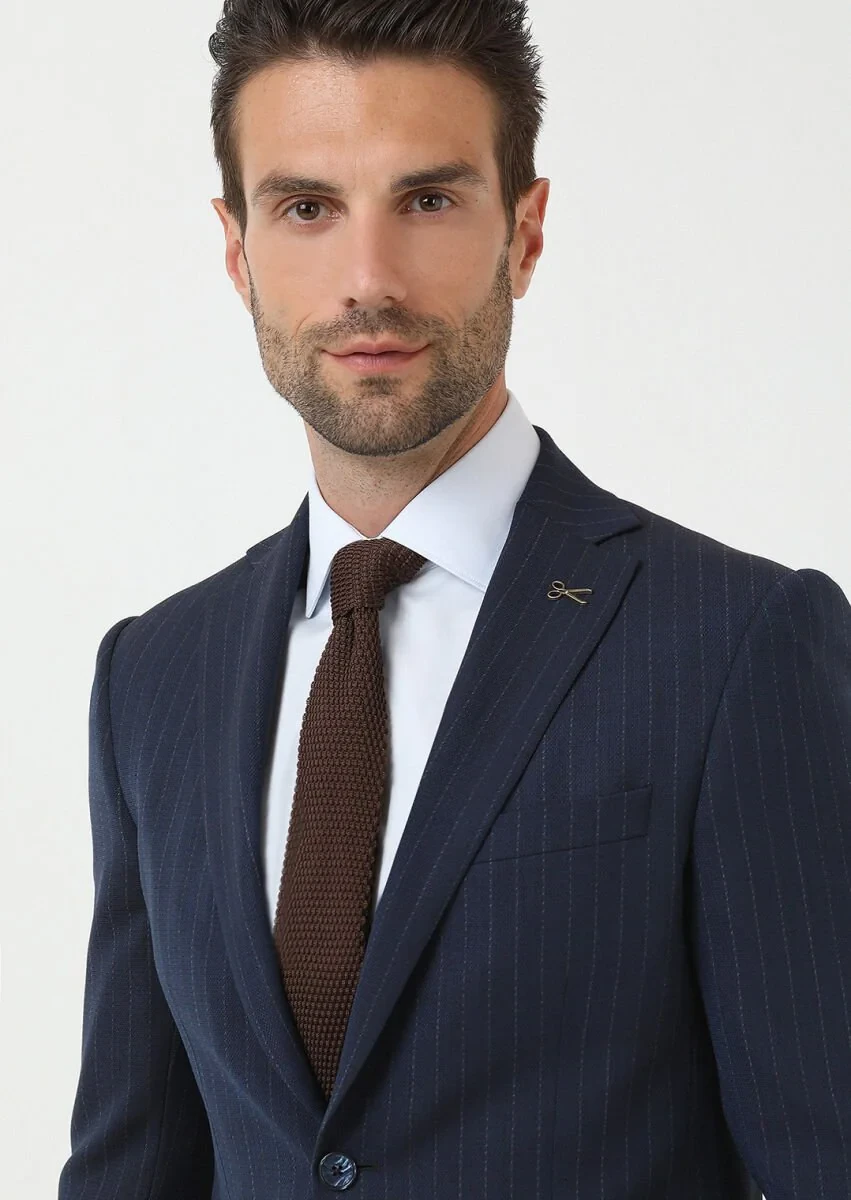 Lacivert Çizgili Modern Fit Yün Karışımlı Takım Elbise - 3