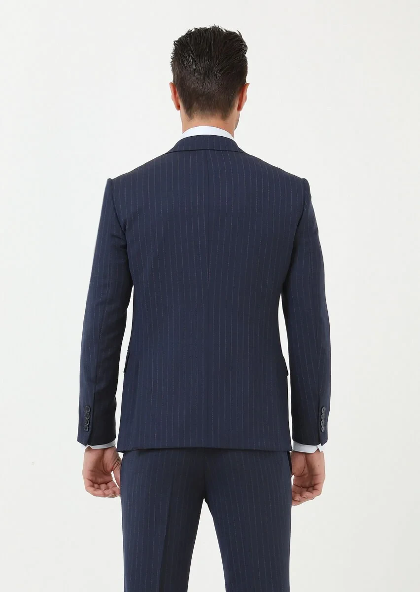 Lacivert Çizgili Modern Fit Yün Karışımlı Takım Elbise - 4