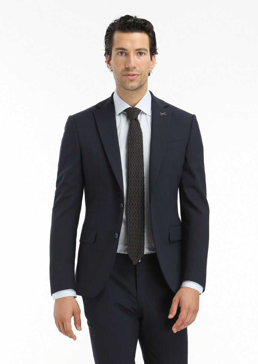 Lacivert Çizgili Modern Fit Yün Karışımlı Takım Elbise - 3