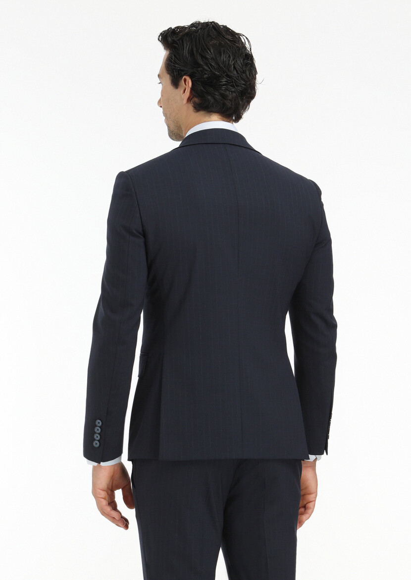 Lacivert Çizgili Modern Fit Yün Karışımlı Takım Elbise - 8