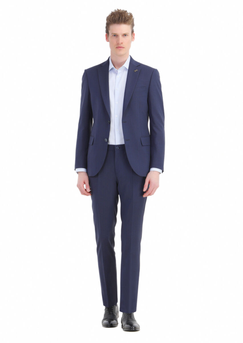 Lacivert Çizgili Modern Fit Yün Karışımlı Takım Elbise - 1