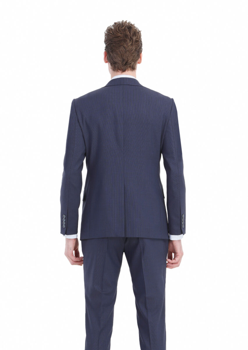 Lacivert Çizgili Modern Fit Yün Karışımlı Takım Elbise - 9