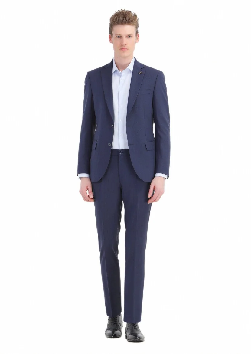 Lacivert Çizgili Modern Fit Yün Karışımlı Takım Elbise - 1