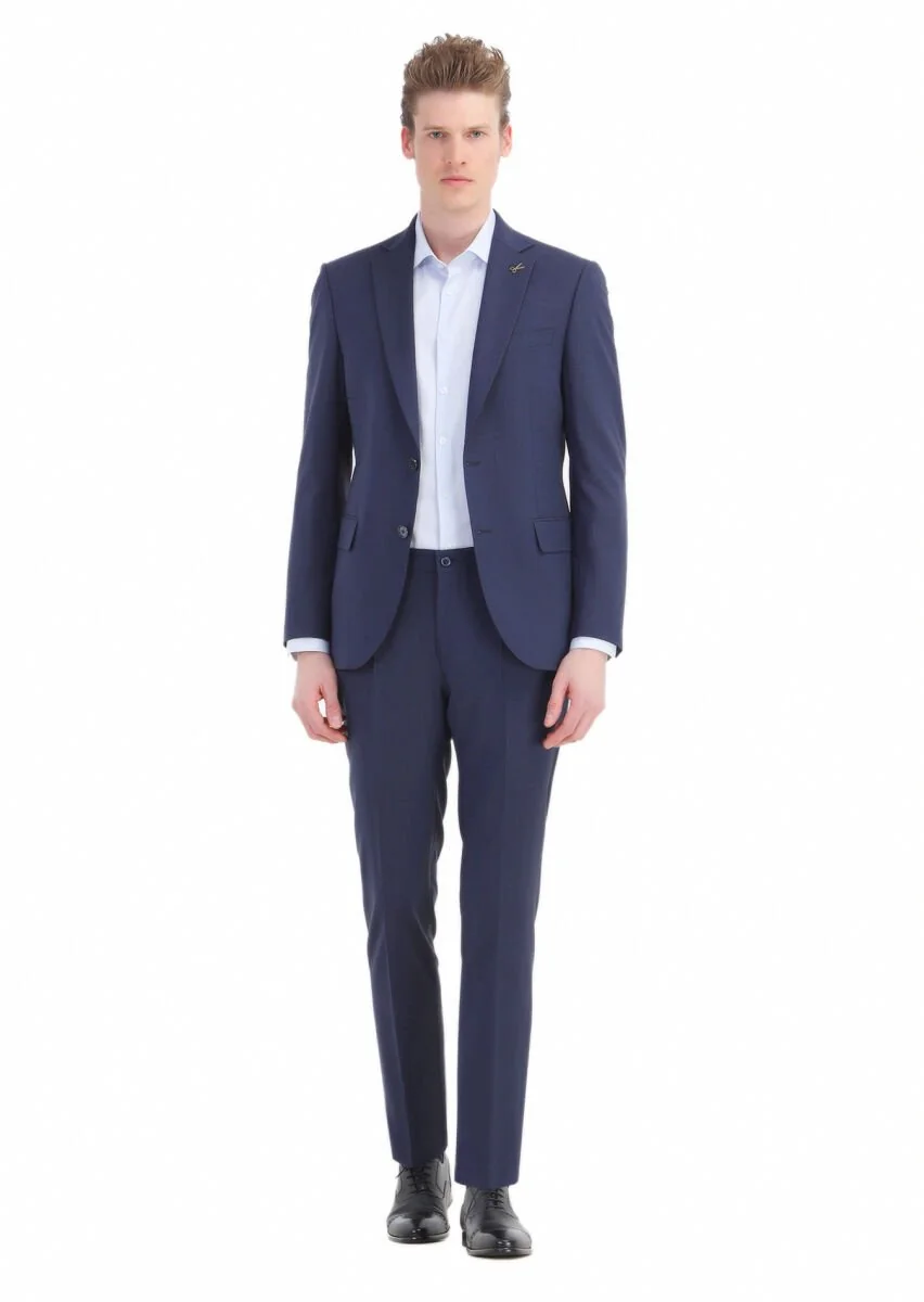 Lacivert Çizgili Modern Fit Yün Karışımlı Takım Elbise - 1