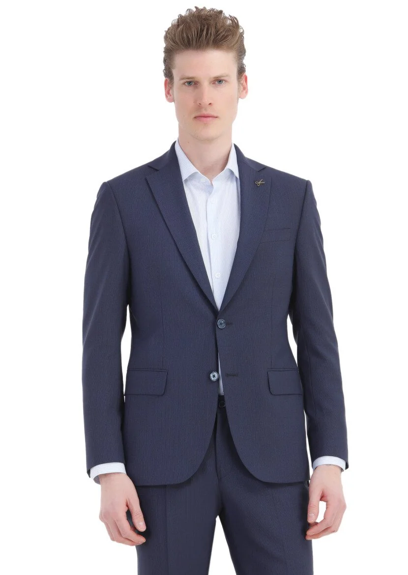 Lacivert Çizgili Modern Fit Yün Karışımlı Takım Elbise - 3